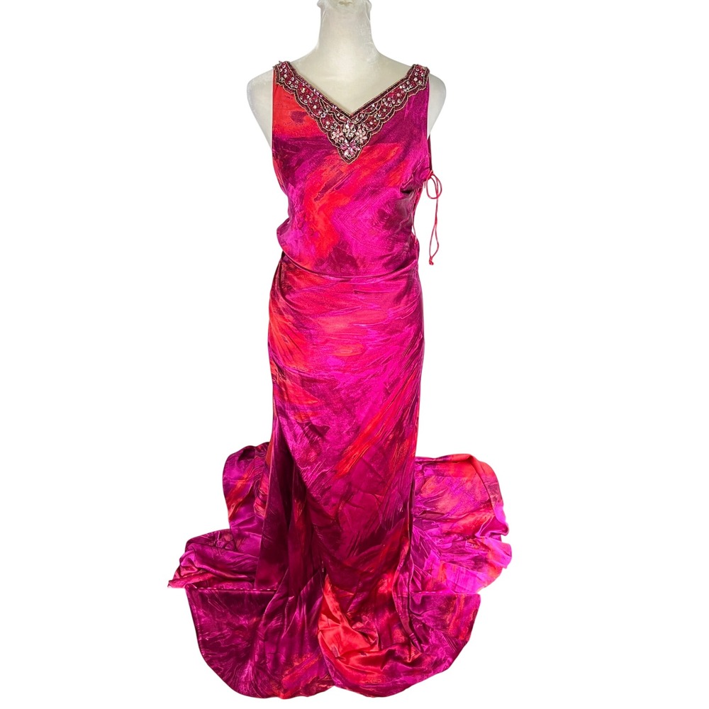 Rickie Freeman Teri Jon Pink Red Beaded Satin Silk Gown Dress Size 2 (Altered)